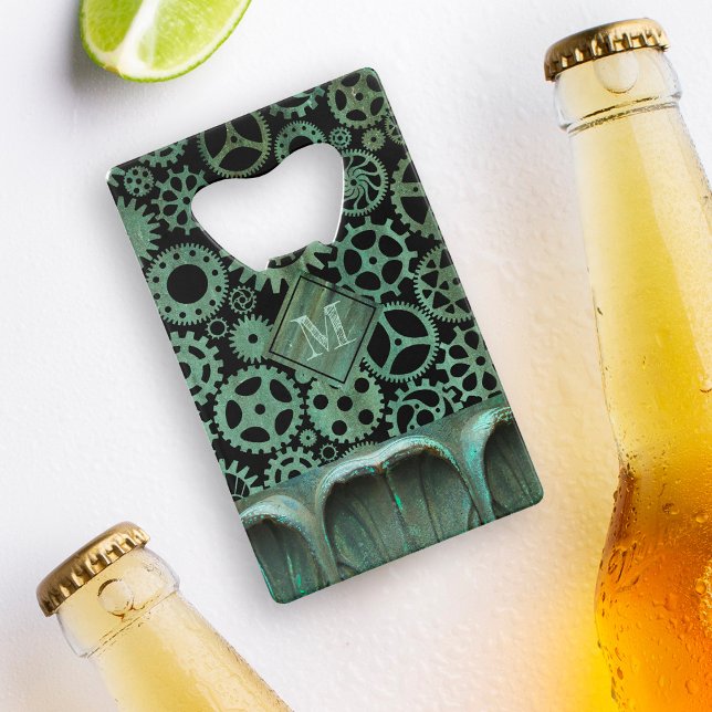 Steampunk Verdigris Bronze Gears Custom Monogram Geldbeutel Flaschenöffner (Von Creator hochgeladen)