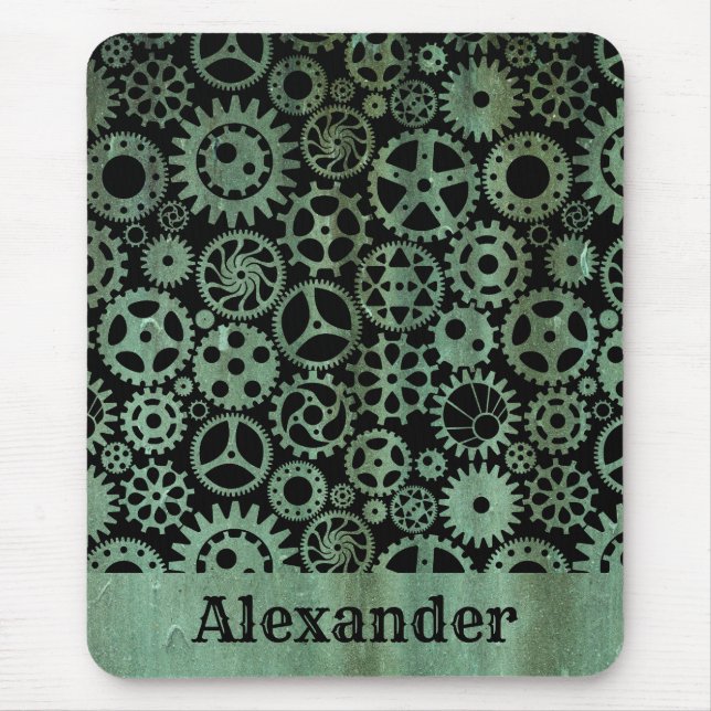 Steampunk Verdigris Bronze Gears Custom Name Mousepad (Vorne)