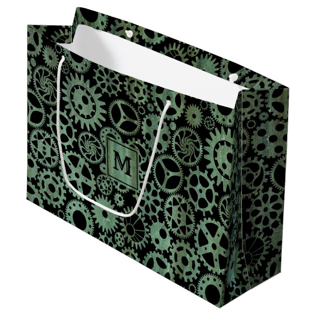 Steampunk Verdigris Bronze Gears Monogram Block Große Geschenktüte (Vorderseite Schrägansicht)