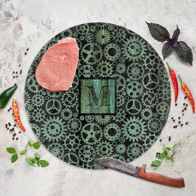 Steampunk Verdigris Bronze Gears Monogram Schneidebrett (Von Creator hochgeladen)