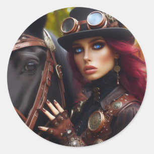 Steampunk-Victorian-Lady-Dunkle-Reiterin Runder Aufkleber