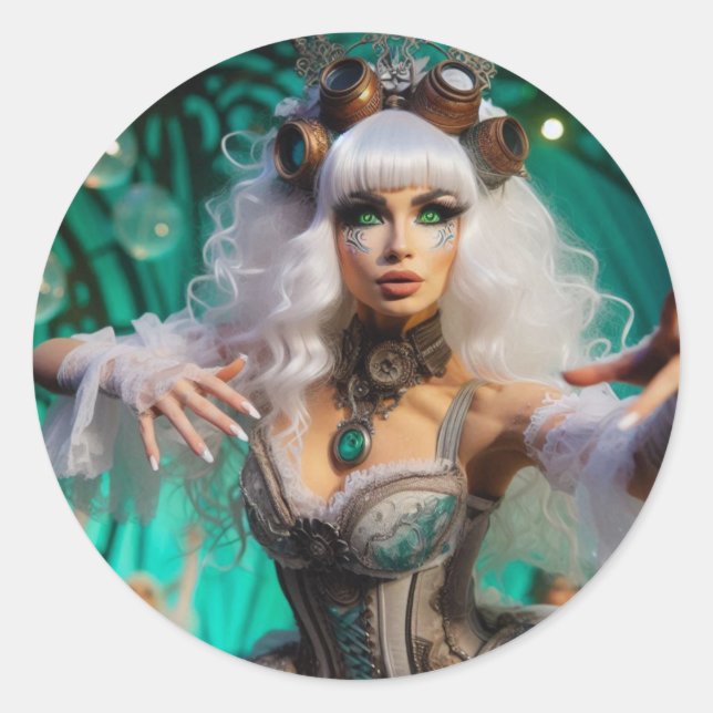 Steampunk Viktorianisch Futuristic Green Dancer Runder Aufkleber (Vorderseite)