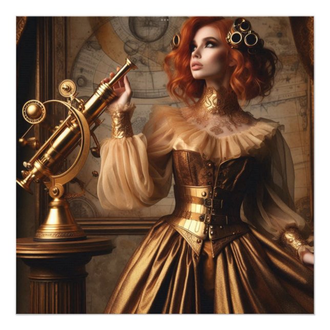 Steampunk Viktorianisch Gold Astronomin Fotodruck (Vorne)