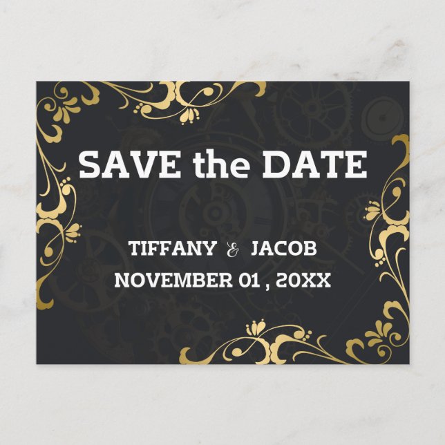 Steampunk Vintag Cogs Save the Date Einladung Postkarte (Vorderseite)