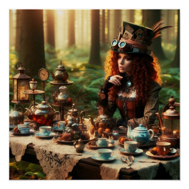 Steampunk Vintag Viktorianisch Lady Mad Hatter Poster (Vorderseite)