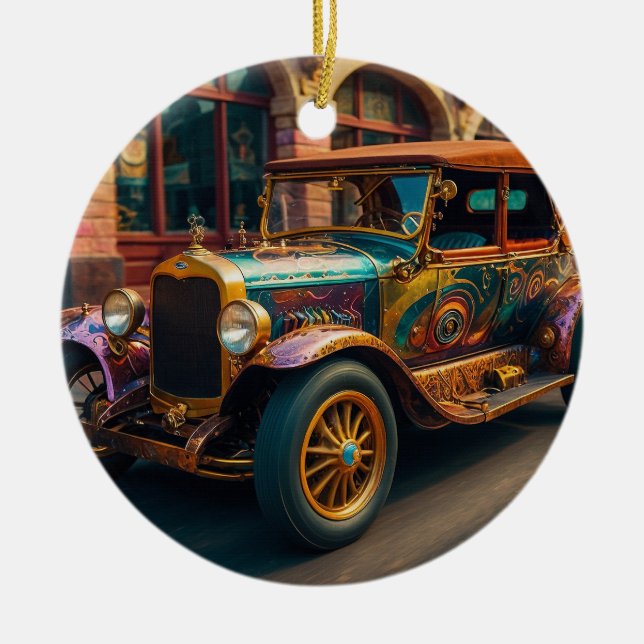Steampunk Vintage Car in Town Keramik Ornament (Vorne)