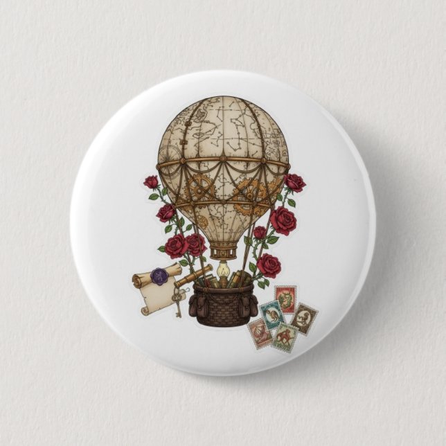 Steampunk-Vintage-Heißluftballon-Abenteuerdesign Button (Vorderseite)