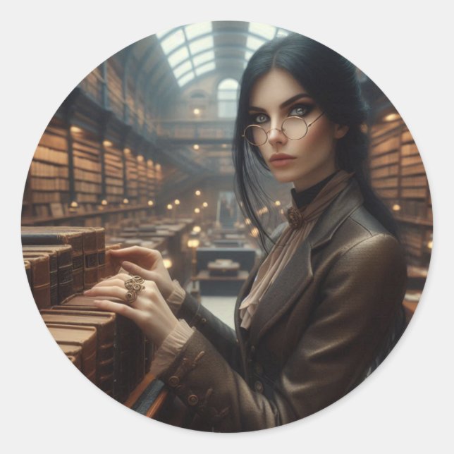 Steampunk Vintage Viktorianische Lady Librarian Runder Aufkleber (Vorderseite)