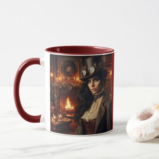 Steampunk Vintage Viktorianische Lady Weihnachten  Tasse (Mit Donut)