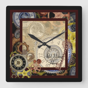 Steampunk-Wanduhr quadratisch - Name anpassen Quadratische Wanduhr