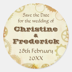 Steampunk Wedding, rund Save the Date Aufkleber