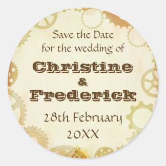 Steampunk Wedding, rund Save the Date Aufkleber