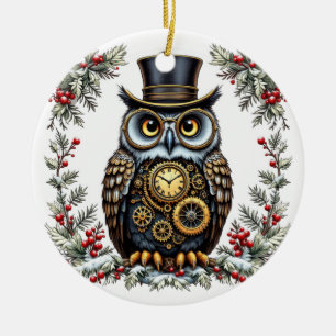 Steampunk Weihnachts-Eule Keramik Ornament