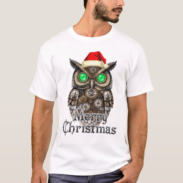 Steampunk-Weihnachts-Eule: Messing & Smaragd E T-Shirt (Vorderseite)