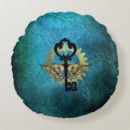 Steampunk Winged Key & Cog Wheel Design Rundes Kissen