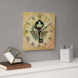 Steampunk Winged Key & Cog Wheel Quadratische Wanduhr