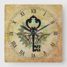Steampunk Winged Key & Cog Wheel Quadratische Wanduhr