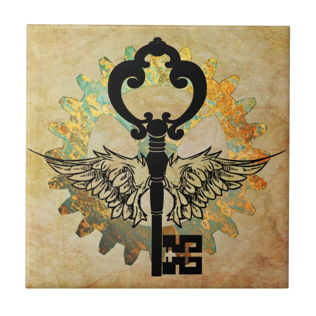 Steampunk Winged Key und Cog Wheel Fliese (Vorderseite)