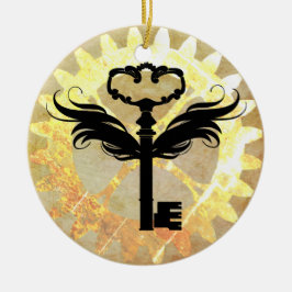 Steampunk Winged Key und Cog Wheel Keramikornament