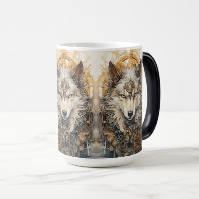 Steampunk Wolf Solarpunk Verwandlungstasse (VorderseiteRechts)