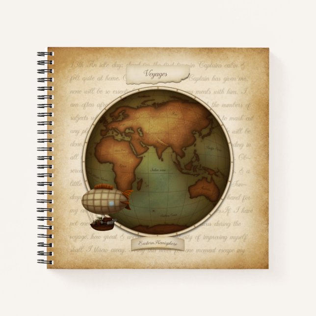 Steampunk World Hemisphären Map Aeronautical Atlas Notizbuch (Vorderseite)