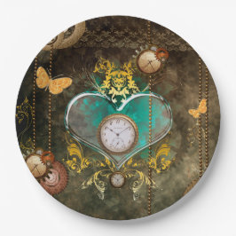 Steampunk, wunderbares Herz mit Uhren Pappteller