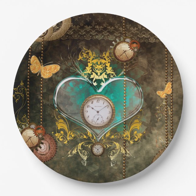 Steampunk, wunderbares Herz mit Uhren Pappteller (Vorderseite)