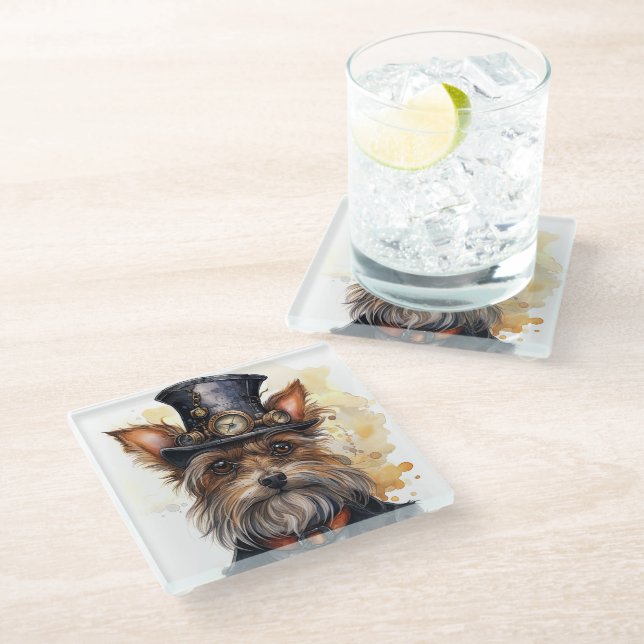 Steampunk Yorkshire Terrier Hund Glasuntersetzer (Schrägansicht)