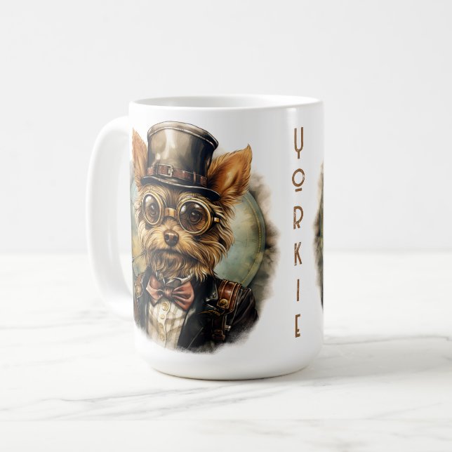 Steampunk Yorkshire Terrier Hund Kaffeetasse (Vorderseite Links)