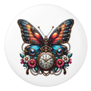 Steampunk-Zahnräder, Blumen und Schmetterling  Keramikknauf