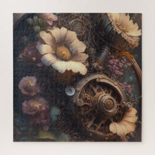 Steampunk-Zahnräder und weiße Blumen 