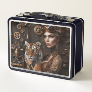 Steampunk -Zeitmaschine Junges Mädchen und Tiger 8 Metall Brotdose