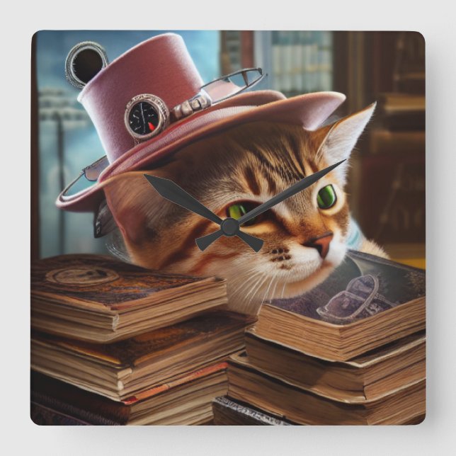 Steampunkatze mit Büchern Wall Clock Quadratische Wanduhr (Vorderseite)