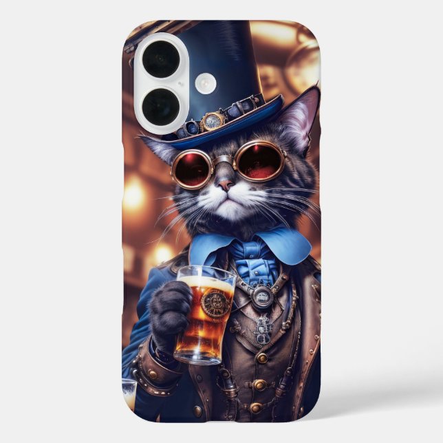 Steampunkatze mit Oberhut und Bierdeckel iPhone 16 Hülle (Rückseite)