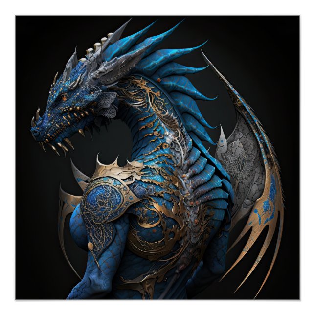 Steampunkblau-Drache mit Metalwigne KI Kunst Poster (Vorderseite)