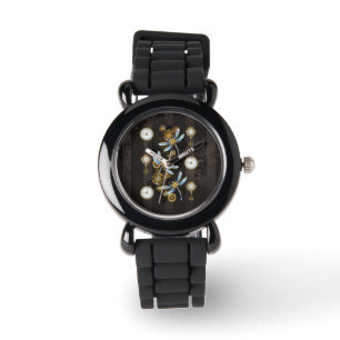 Steampunkdrachenfliegen auf braunem, gestreiften H Armbanduhr