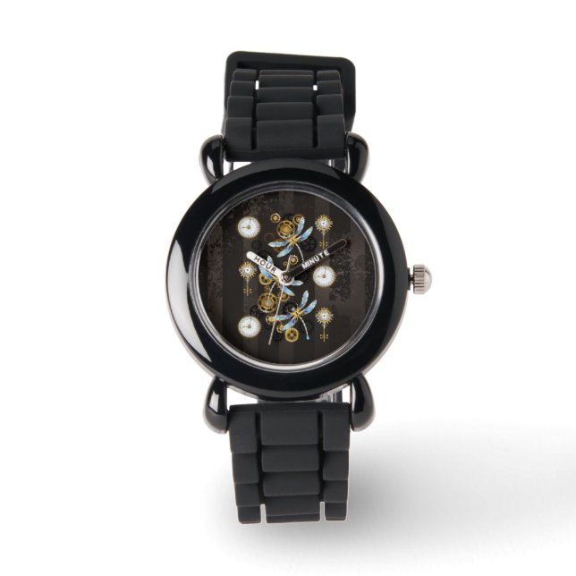 Steampunkdrachenfliegen auf braunem, gestreiften H Armbanduhr (Vorderseite)