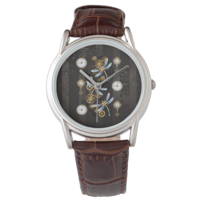 Steampunkdrachenfliegen auf braunem, gestreiften H Armbanduhr (Vorderseite)