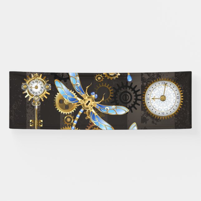 Steampunkdrachenfliegen auf braunem, gestreiften H Banner (Horizontal)
