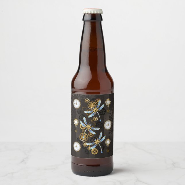 Steampunkdrachenfliegen auf braunem, gestreiften H Bierflaschenetikett (Vorderseite)