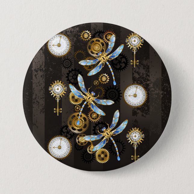 Steampunkdrachenfliegen auf braunem, gestreiften H Button (Vorderseite)