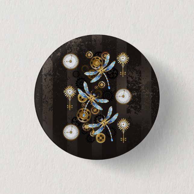 Steampunkdrachenfliegen auf braunem, gestreiften H Button (Vorderseite)