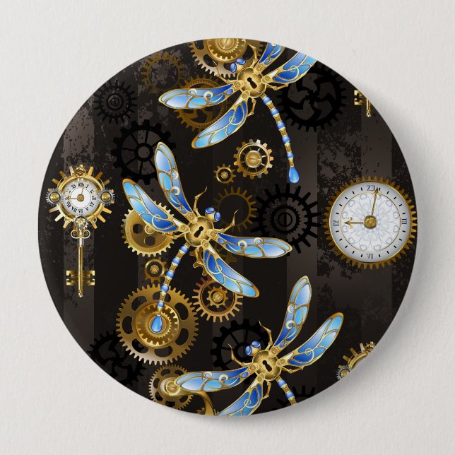 Steampunkdrachenfliegen auf braunem, gestreiften H Button (Vorderseite)