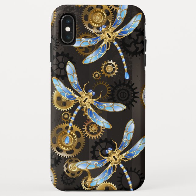 Steampunkdrachenfliegen auf braunem, gestreiften H Case-Mate iPhone Hülle (Rückseite)
