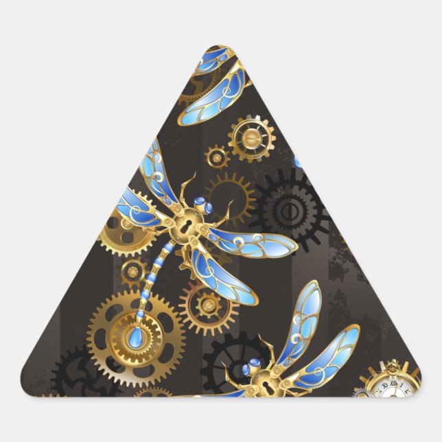 Steampunkdrachenfliegen auf braunem, gestreiften H Dreieckiger Aufkleber (Vorderseite)