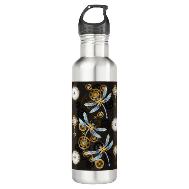 Steampunkdrachenfliegen auf braunem, gestreiften H Edelstahlflasche (Vorderseite)