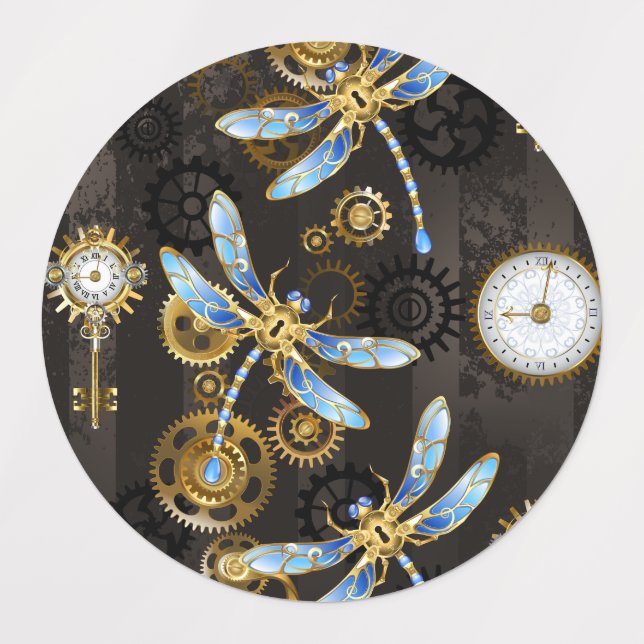 Steampunkdrachenfliegen auf braunem, gestreiften H Etiketten (Design 1)