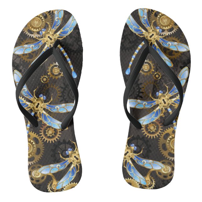 Steampunkdrachenfliegen auf braunem, gestreiften H Flip Flops (Fußbett)