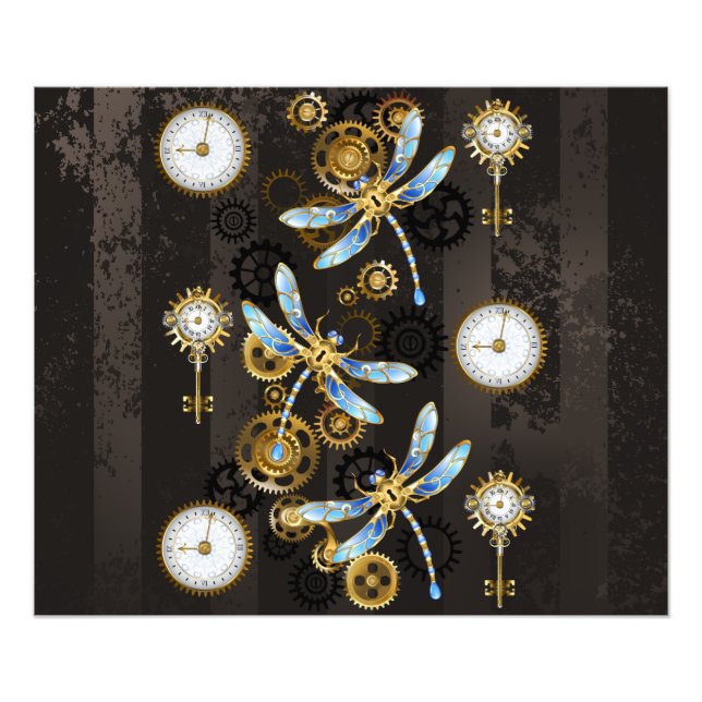 Steampunkdrachenfliegen auf braunem, gestreiften H Fotodruck (Vorne)