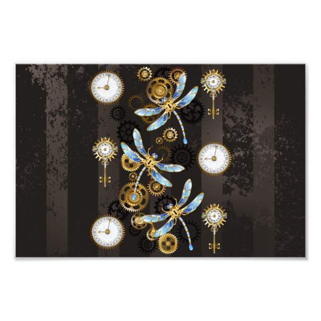 Steampunkdrachenfliegen auf braunem, gestreiften H Fotodruck (Vorne)